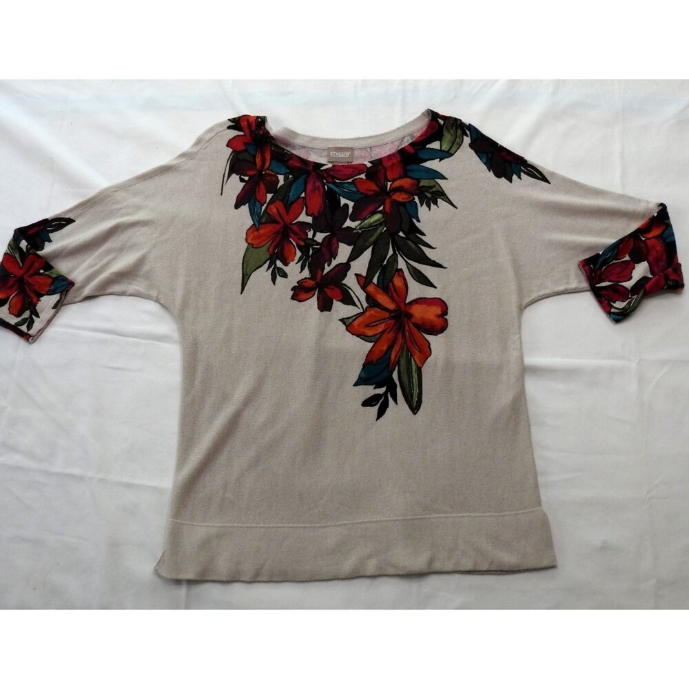 Women's Chico's Sz 1 Touch Cashmere Pacific Floral Sweater Top Tropical Tan - Picture 5 of 9